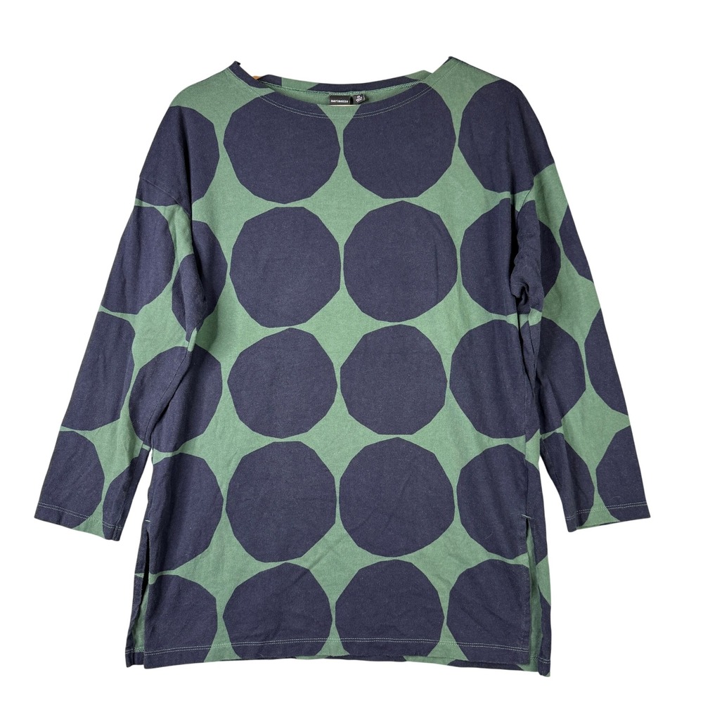 Marimekko x Uniqlo Kivet Polka Dot 3/4 Sleeve Tunic Top Green Navy XS 427556